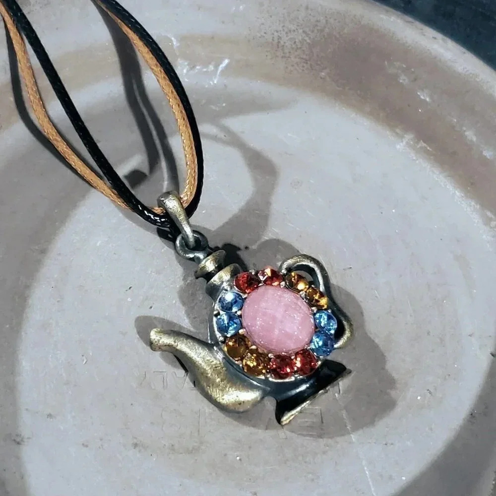 Rustic Antique Bronze Rhinestones Teapot Pendant Necklace Vegan Leather Cord - Picture 6 of 11